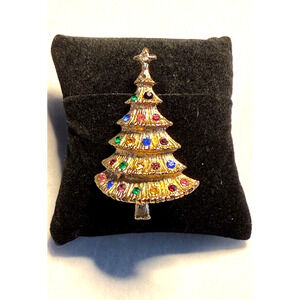 Vintage Gold Tone Christmas Tree Pin Multicolor Rhinestone Retro Brooch